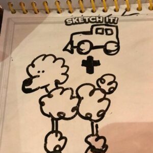 The origin drawing of Truck Sheep, which is a drawing of a truck, a plus sign, and a poodle